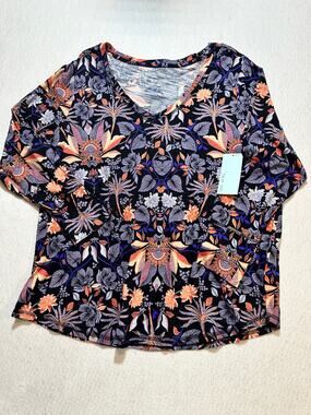 Blue Sol 1X Floral Long Sleeve V-Neck Top Black Orange Purple Boho NWT
